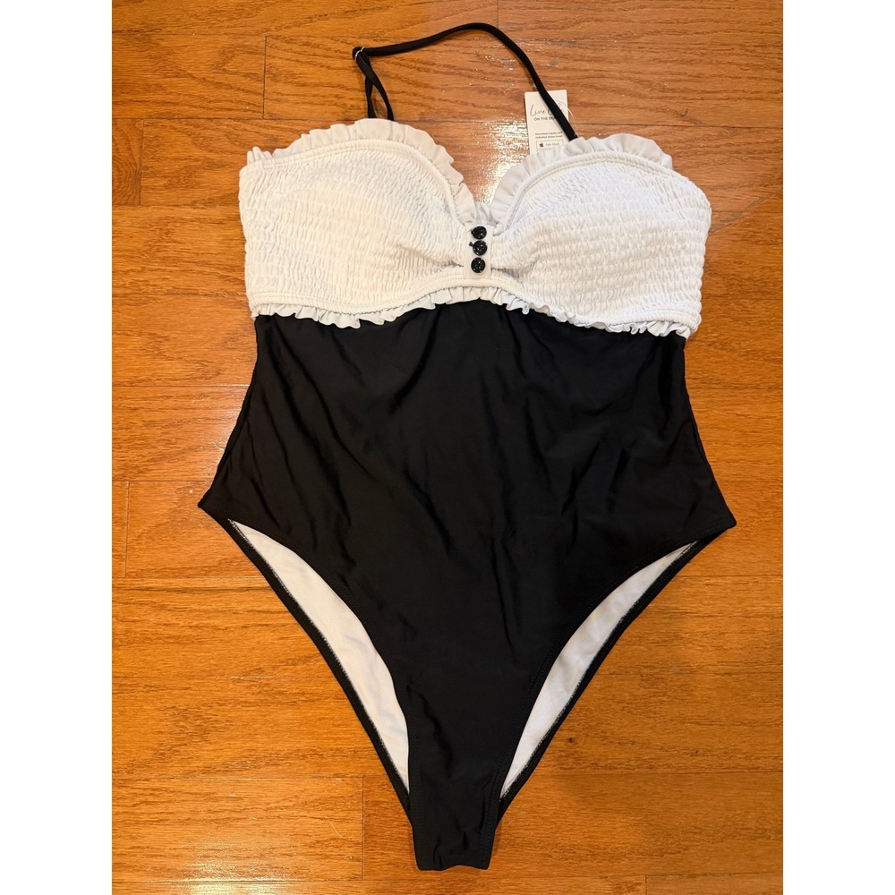 Cupshe Womens XL Black White Smocked Ruffle Colorblock One Piece Swimsuit NWT